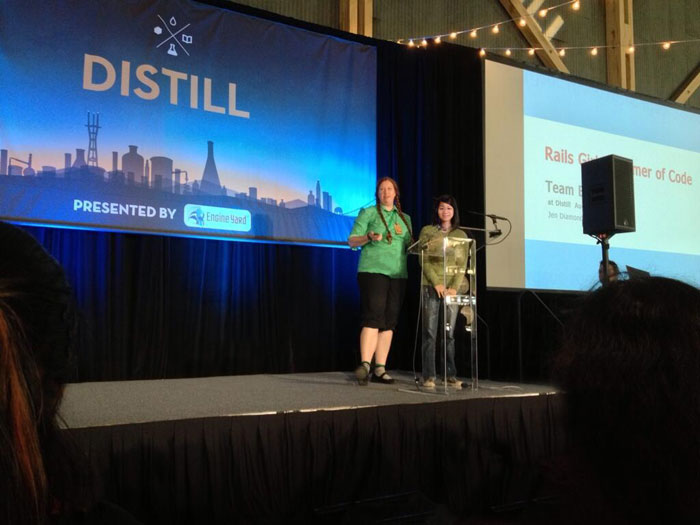 Jen Diamond and Joyce Hsu giving their Ligthning talk about Rails Girls Summer of Code at the Distill Conference in San Francisco